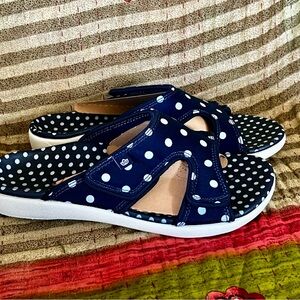Spenco Kholo Navy Polka Dot Orthotic Slide Sandal 7 W